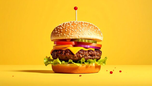 Close-up of a juicy, colorful burger with multiple toppings on yellow