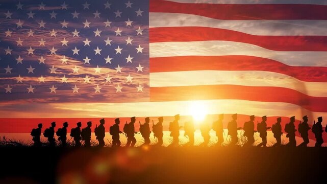 Silhouette of soldiers marching against the backdrop of the american flag at sunset