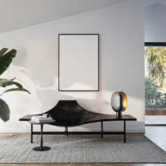 Modern Living Room Poster Frame Mockup with Natural Light and Minimalist Decoration. 3D render.