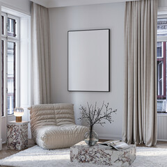 Modern Living Room Poster Frame Mockup with Natural Light and Minimalist Decoration. 3D render.