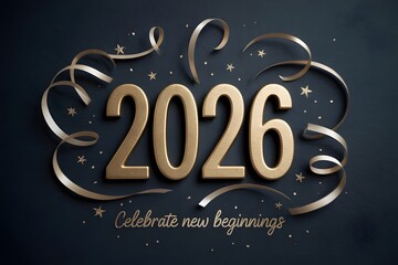 Elegant golden 2026 new year celebration with ribbons and stars on dark background, capturing the excitement of fresh starts and bright future possibilities