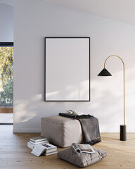 Modern Living Room Poster Frame Mockup with Natural Light and Minimalist Decoration. 3D render.