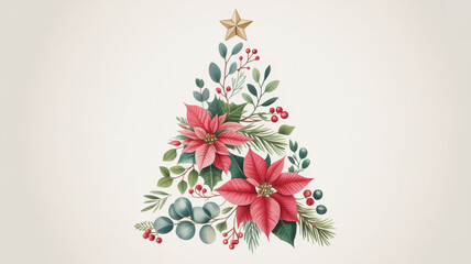 Elegant Christmas poinsettia tree with golden star brings festive cheer to your holiday designs and marketing materials, adding a touch of seasonal elegance and warmth