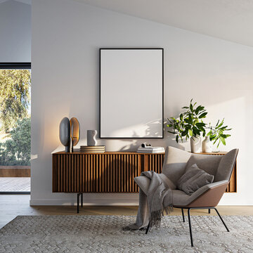 Modern Living Room Poster Frame Mockup with Natural Light and Minimalist Decoration. 3D render.