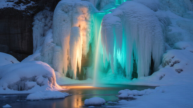 Magical frozen waterfall glowing with turquoise and golden light, a stunning winter scene perfect for travel inspiration or holiday promotions creating a sense of wonder