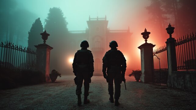 Two Carabinieri Walk Toward Grand Gate Under Foggy Teal and Red Lighting