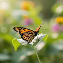 Naklejka premium Monarch butterfly resting on a leaf in soft natural sunlight