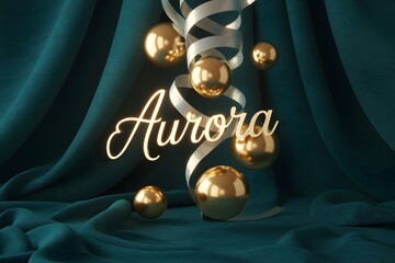 Elegant golden 'Aurora' script with shimmering gold spheres and ribbons on a luxurious teal fabric backdrop - perfect for upscale branding and holiday promotions