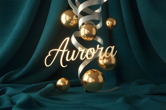 Elegant golden 'Aurora' script with shimmering gold spheres and ribbons on a luxurious teal fabric backdrop - perfect for upscale branding and holiday promotions
