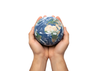 Cupped hands cradling a detailed world globe. Planet protection & global responsibility. on white background Isolated on Transparent Background