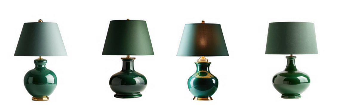 Four dark green ceramic table lamps with textured shades isolated on transparent background
