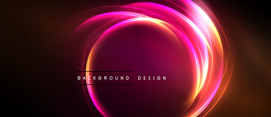 Bright pink neon circles overlap dark background. Text reads background design. Modern abstract illumination. Vibrant energy radiates outward.