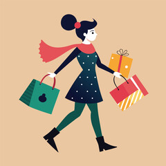 Woman happily walking with several colorful shopping bags and a wrapped present, illustrating holiday sales, festive season, gift giving, and retail therapy concept. isolated on white background