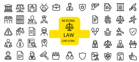 Set of law and justice line icons vector outline design elements for legal services isolated on white background