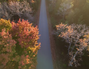 Autumn Forest Road From Above With Vibrant Red and Orange Foliage