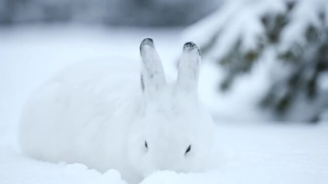 A beautiful white hare with dark-tipped ears rests calmly in deep winter snow.