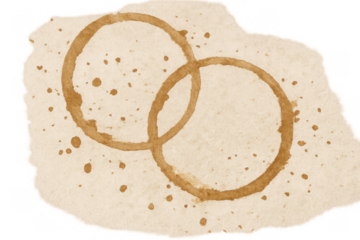 Coffee cup stains forming rings and splashes on a torn old paper sheet, adding vintage grunge texture, transparent background