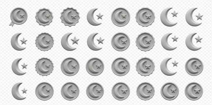 A collection of 3D rendered silver crescent moon and star symbols, some in circular frames, suitable for religious or decorative purposes.