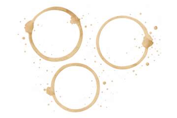 Coffee cup ring stains with splatter and grunge texture. Round beverage drink marks with transparent background