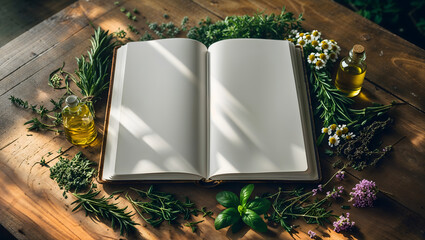 Recipe book open blank pages leather cover herbs flowers oil rustic wooden tabletop soft light textures shallow depth culinary natural warm generative AI