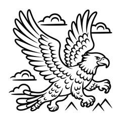 Obraz premium Vector illustration of flying eagle with mountains and clouds