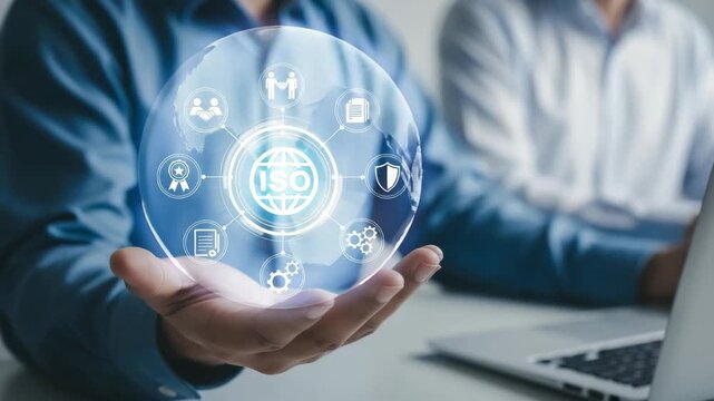 Businessperson holding a holographic globe with iso certification icons motion animated video 4k