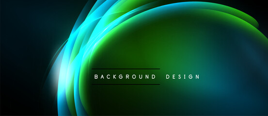 Abstract flowing lines create vibrant green, blue gradients. Dark background emphasizes luminous curves, modern design elements.