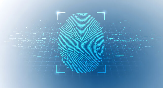 Digital fingerprint scan with futuristic blue glowing lines and data streams representing security and identity verification