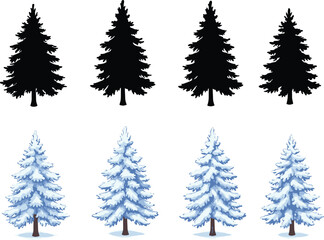 Collection of evergreen tree silhouettes and detailed snowy pine illustrations for winter landscapes, seasonal designs, holiday graphics, and nature-themed creative projects