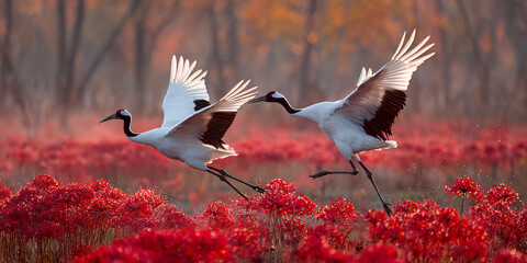 Obraz premium Majestic Red-Crowned Cranes Soar Gracefully in Captivating Aerial Dance