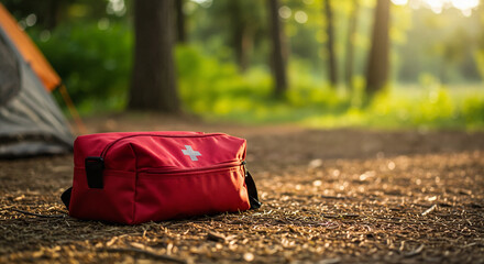 Empty first aid kit bag in red color placed on forest ground near camping tent, outdoor emergency storage, copy space