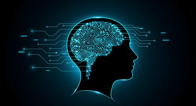 Abstract digital illustration of a human head profile with a glowing blue circuit board brain and data streams - Powered by Adobe