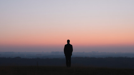 Silhouette of Person Overlooking Cityscape at Sunset