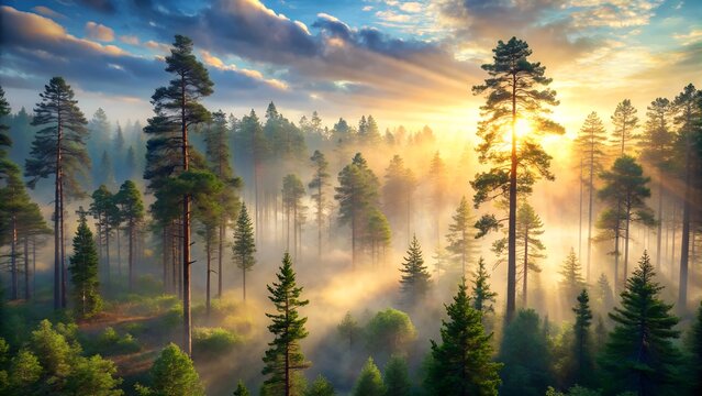 Misty forest sunrise with golden sunbeams piercing through tall evergreen trees - Powered by Adobe