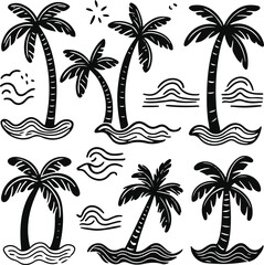 unique doodle elements of palm trees and sea waves, each with different shapes and stroke variations, hand-drawn minimal black outline 3