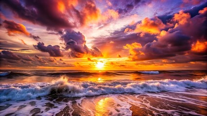 Dramatic sunset over ocean waves reflecting fiery sky colors on wet sand shoreline