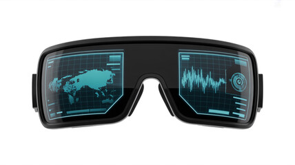 Step into tomorrow with futuristic augmented reality glasses displaying world map and vibrant data visualization for innovative technology and cutting-edge design concepts