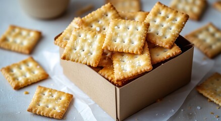 Delicious Crackers Displayed in a Brown Box With Scattered Pieces on a Light Surface