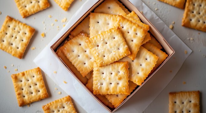 Delicious Crackers Displayed in a Brown Box With Scattered Pieces on a Light Surface - Powered by Adobe
