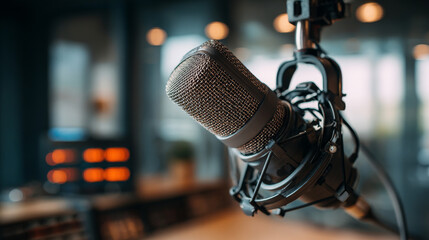 “Empty podcast studio setup with a microphone boom arm, perfect for recording interviews and social media podcasts.”