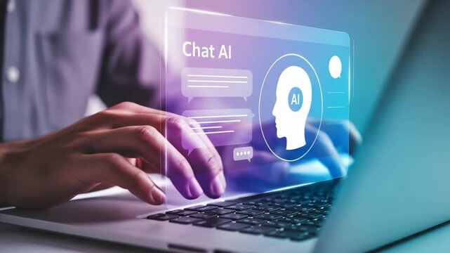 Person using a laptop with a chat ai interface on screen motion animated video 4k