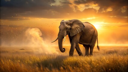 Fototapeta premium Majestic elephant walks through golden savannah under a dramatic sunset sky