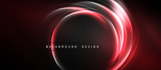 Dark background features glowing red circular layers. Modern design element, abstract illumination, dynamic composition.