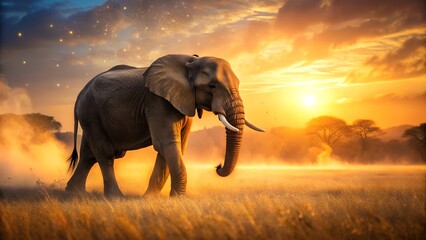 Fototapeta premium Majestic elephant roaming through a dusty african savannah at golden hour sunset