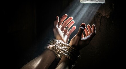 Close up of a persons hands tightly bound with rope in a dark dungeon, symbolizing slavery, human trafficking, and distress. Concept of captivity and suffering.