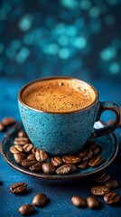 A steaming cup of coffee sits on a saucer, surrounded by roasted coffee beans.  The background is blurred teal