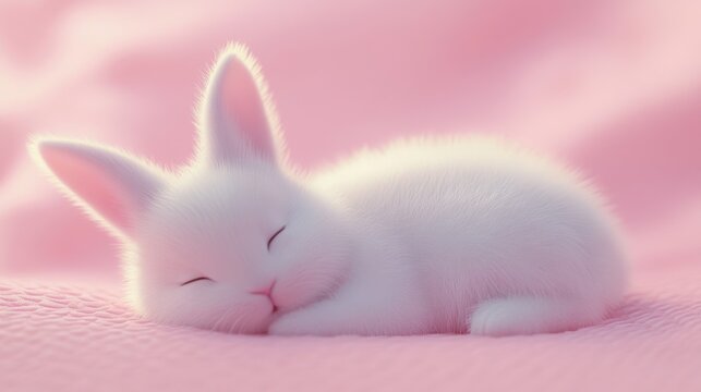 Adorable fluffy white baby bunny sleeping peacefully on soft pink fabric, peaceful rest