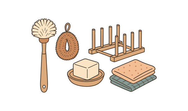 flat vector handdrawn soft palette clean outlines white background dishwashing swap wooden dish brush coconut scourer solid dish drying rack cloths no logos no gloss