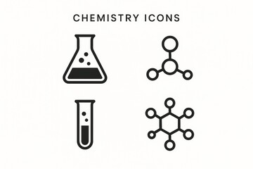 Chemistry icons with flasks, molecules, and test tubes on a white background
