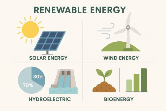 Renewable energy sources: solar, wind, hydroelectric, and bioenergy illustration